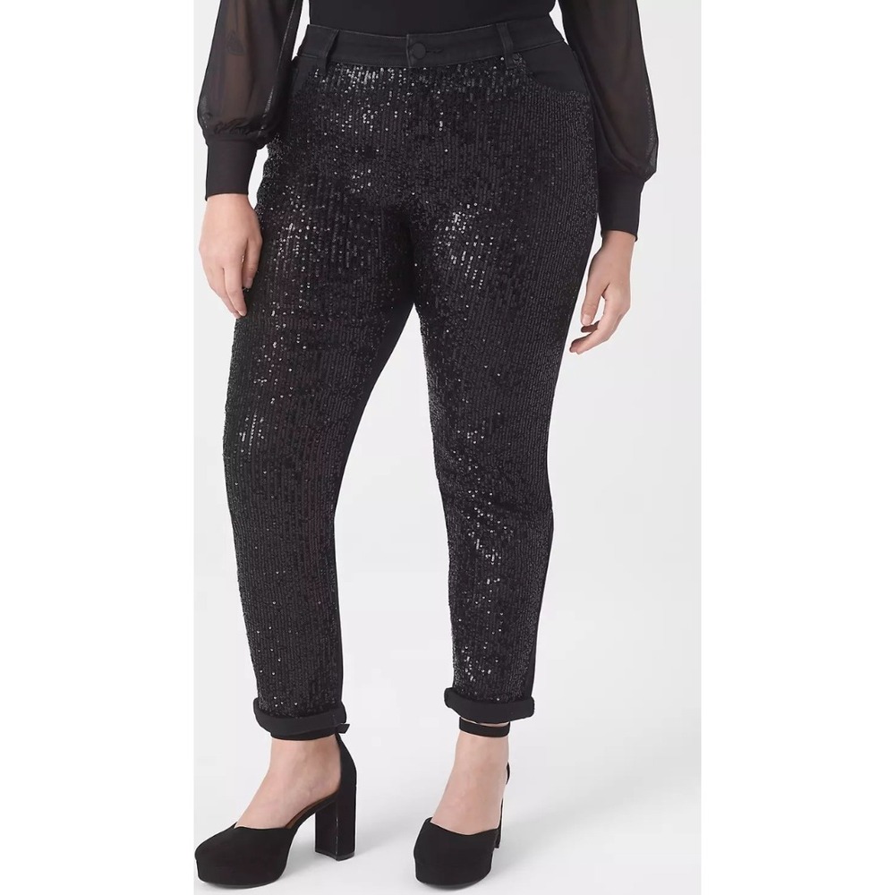 Lane Bryant Black Sequin Front Mid-RiSE Boyfriend Jeans Flex Magic Waist 16 NWOT